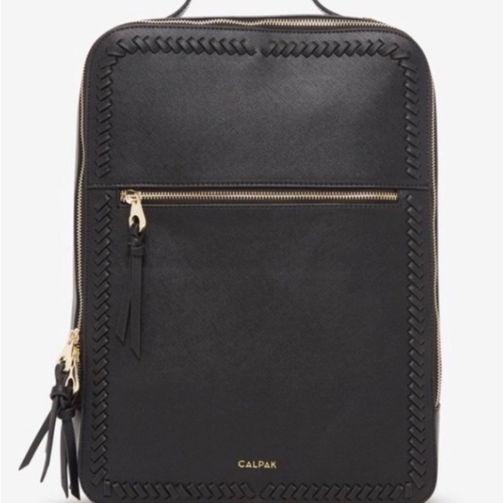Calpak Black Kaya leather Backpack with Gold Hardware and Whipstitch Detail